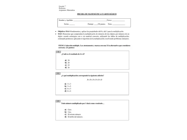 Prueba de multiplicaciones (cuarto básico)