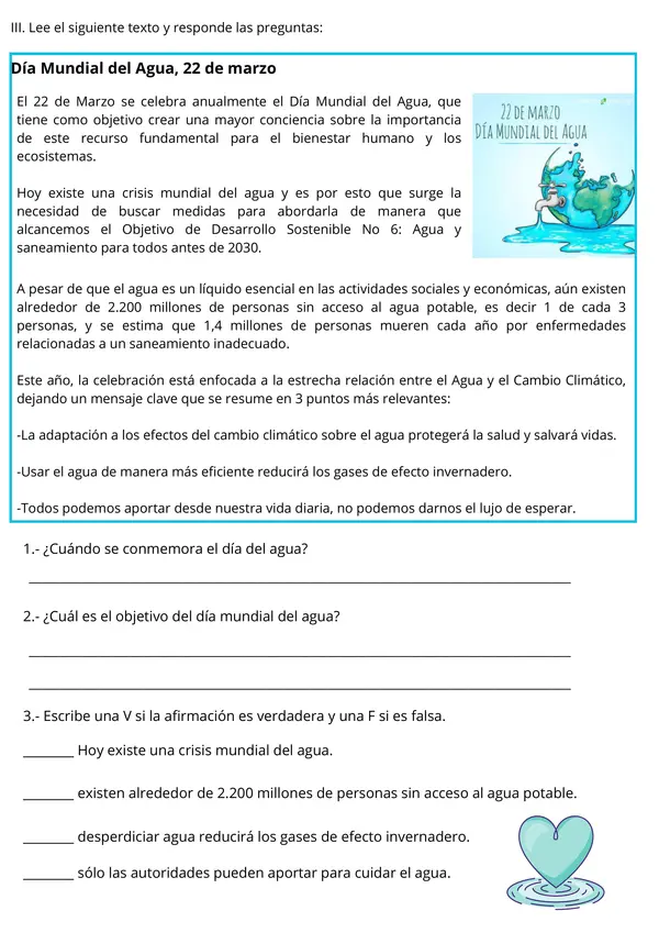 Ficha El Agua: Usos, Cuidado y Día Mundial del Agua Ciencias para 2° - 6° Básico