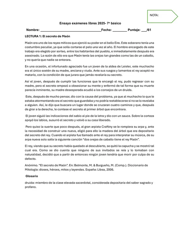Ensayo exámenes libres nivel 7° básico aplicable como prueba global
