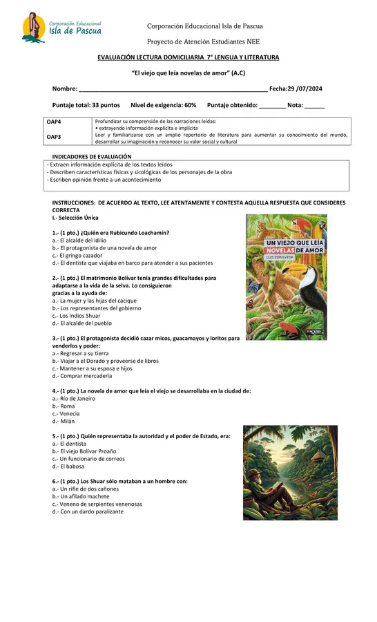 EVALUACIÓN LECTURA DOMICILIARIA  7° LENGUA Y LITERATURA “El viejo que leía novelas de amor” (A.C)