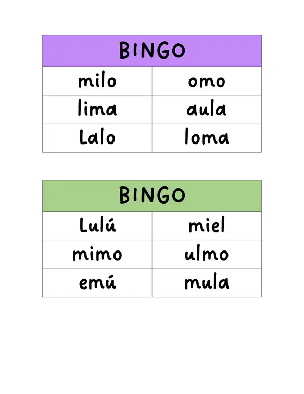 BINGO DE LOS FONEMAS M / L