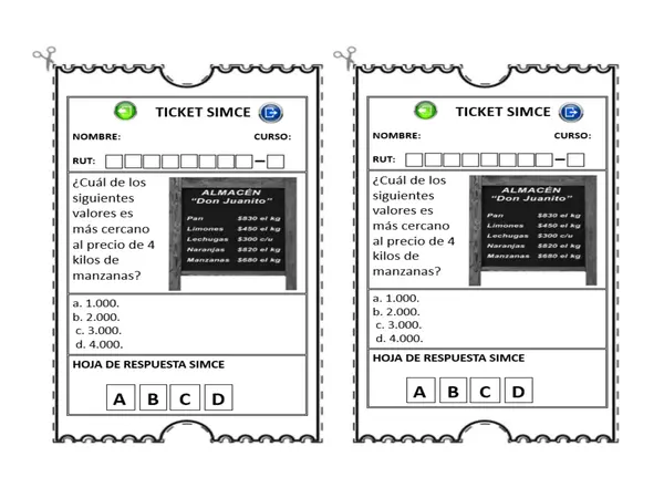 3º Ticket de entrada o salida, SIMCE matemáticas 4º básico