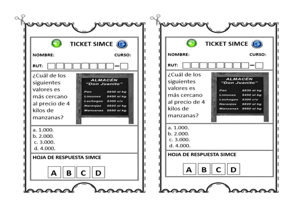 3º Ticket de entrada o salida, SIMCE matemáticas 4º básico