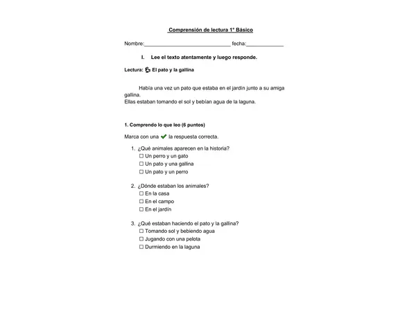 Comprensión de lectura 1° básico ." El pato y la gallina"