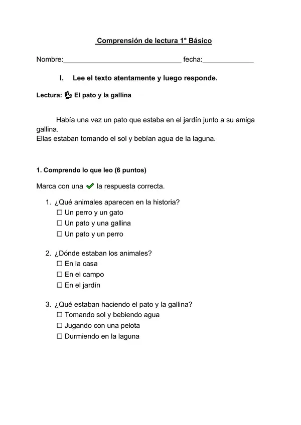 Comprensión de lectura 1° básico ." El pato y la gallina"