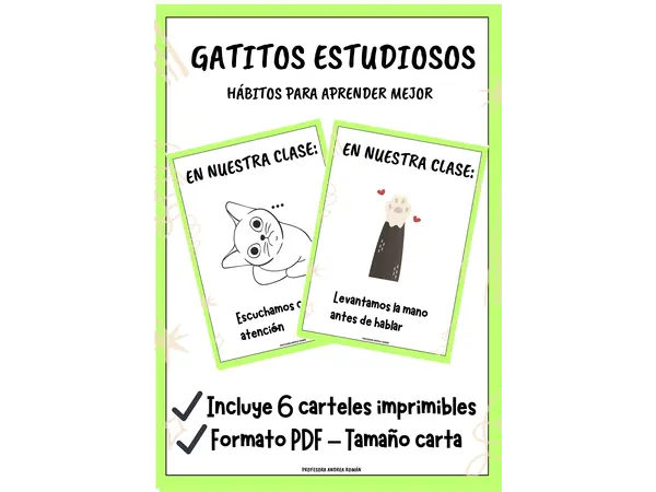 Gatitos estudiosos – Hábitos de aula (6 carteles imprimibles)