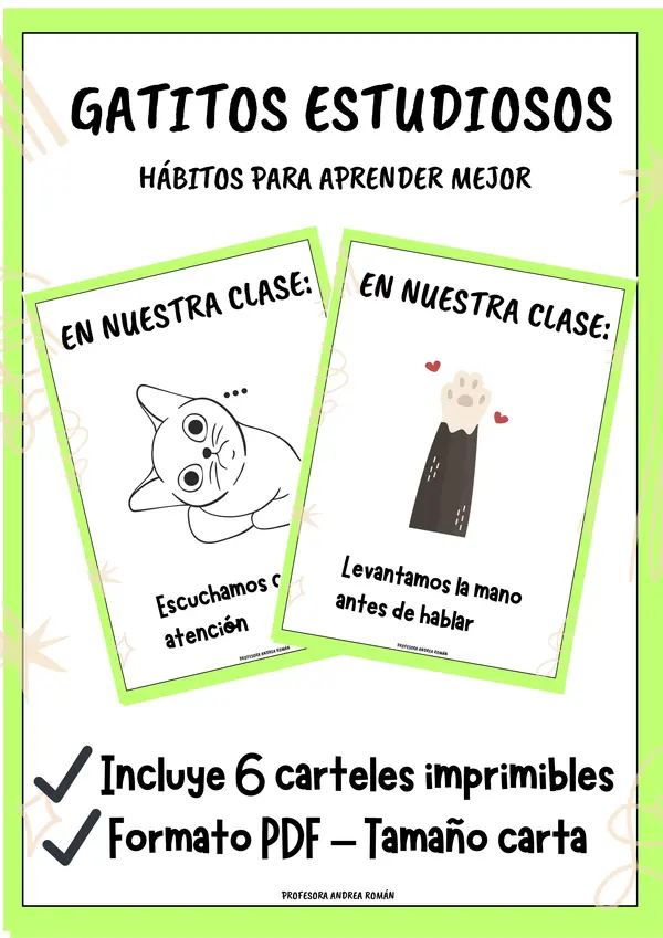Gatitos estudiosos – Hábitos de aula (6 carteles imprimibles)
