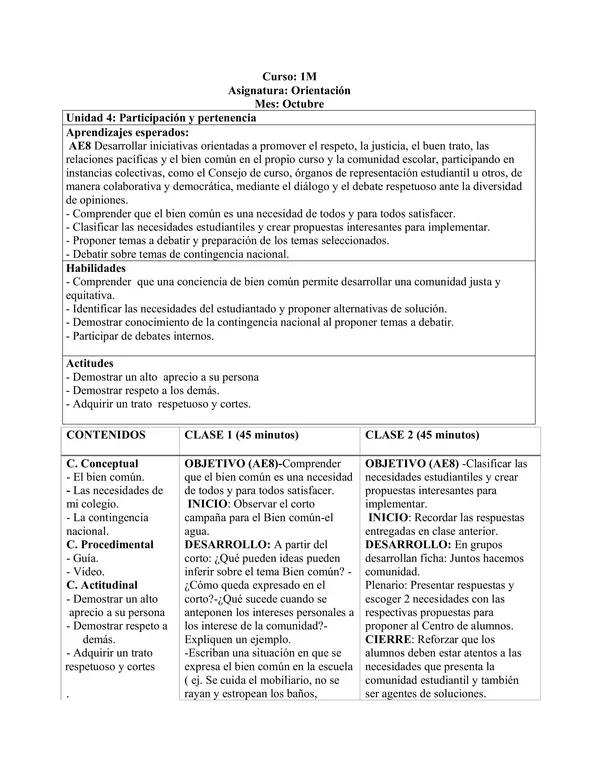 Planificación Clase a Clase Octubre - Orientación - 1° Medio