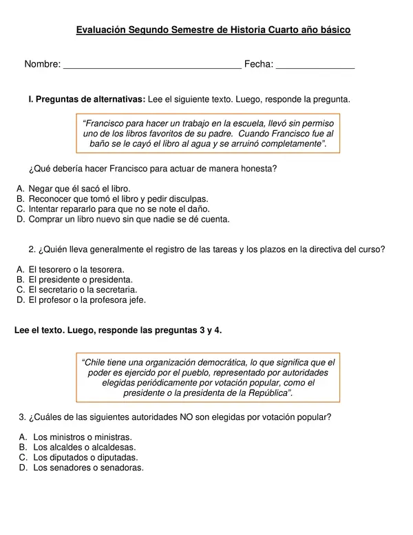 Evaluación segundo semestre de historia, 4° año básico.