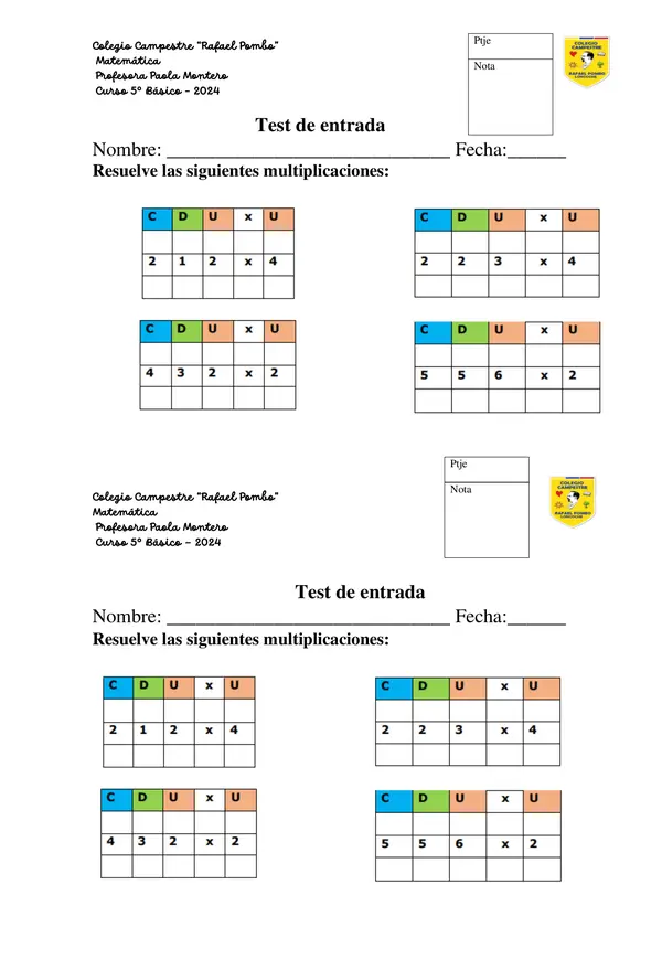 test de multiplicaciones de tres digitos por 1 digito