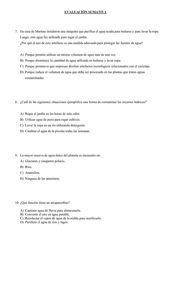 evaluacion ciencias agua quinto básico