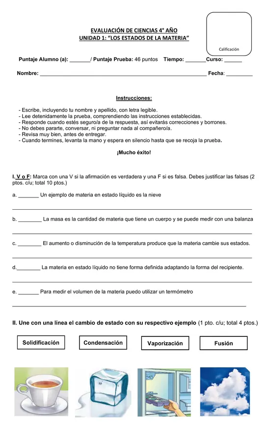 Evaluación ciencias 4°año "La materia y sus estados"