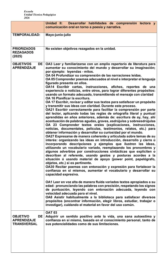 PLANIFICACION ANUAL LENGUAJE CUARTO BÁSICO (CURRICULUM VIGENTE 2026)
