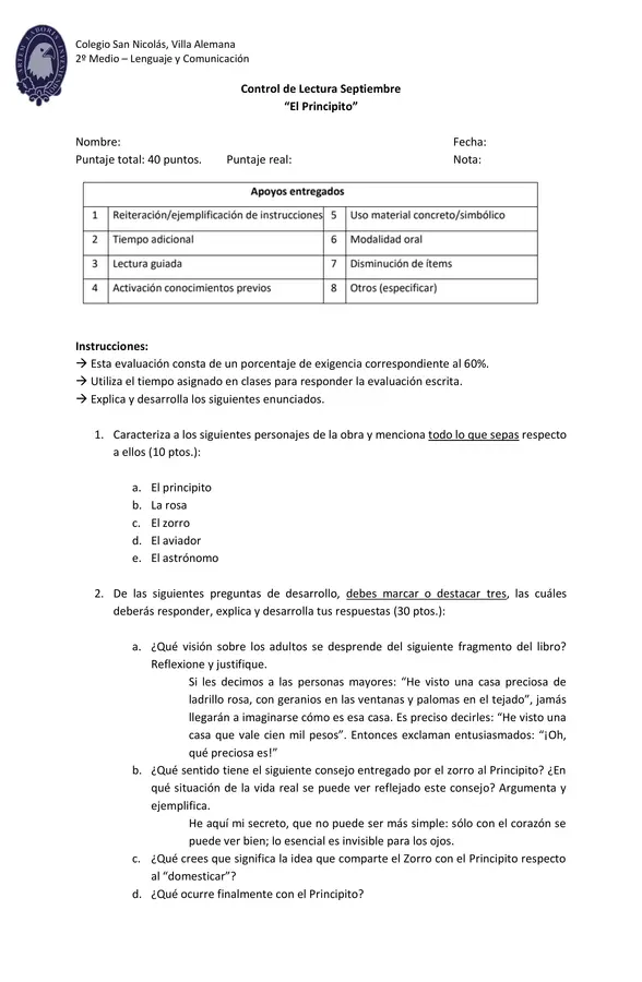 Evaluación Plan Lector "El Principito"