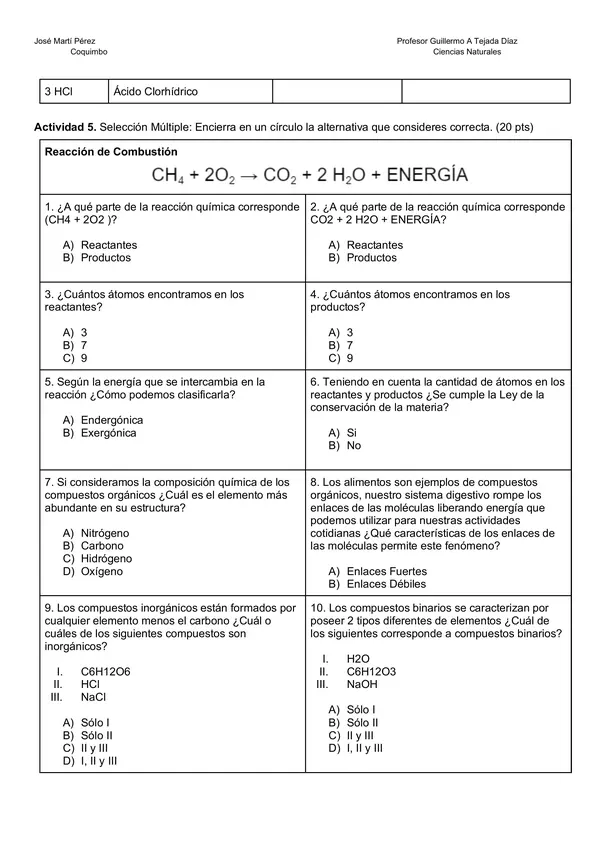 Guía Formativa: Átomo, Moléculas y Reacciones Químicas
