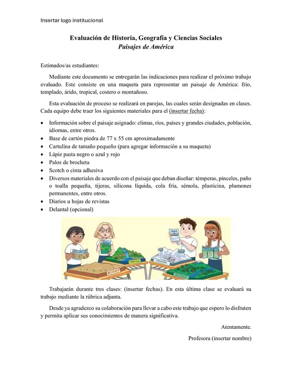 Indicaciones maqueta paisajes de América - Historia 4to básico