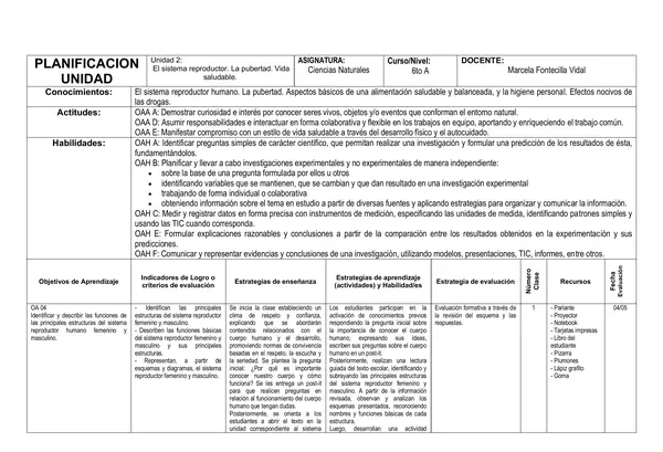 Planificación Ciencias Naturales Unidad 2 6to 2026