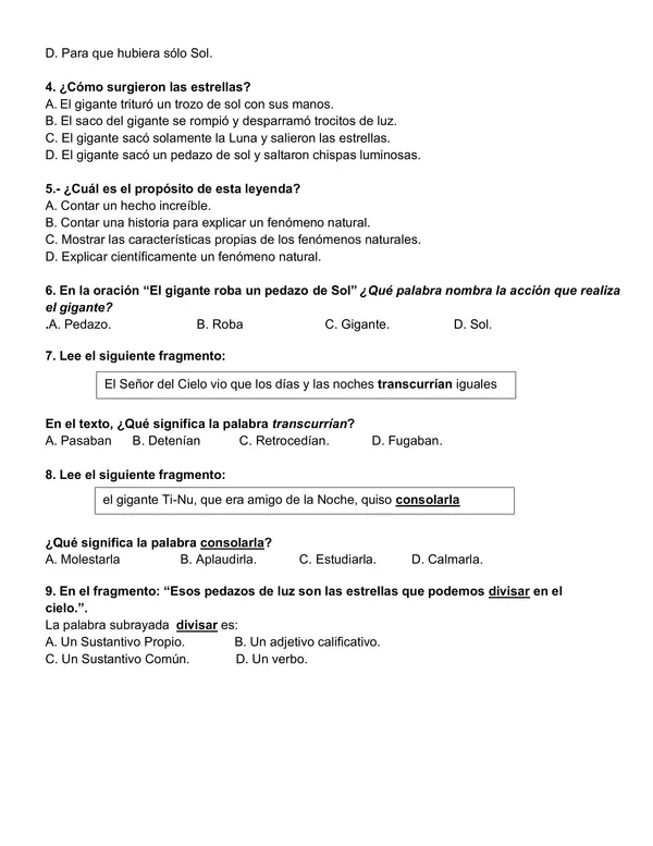 Prueba de comprensión lectora "Leyendas" 4° año básico