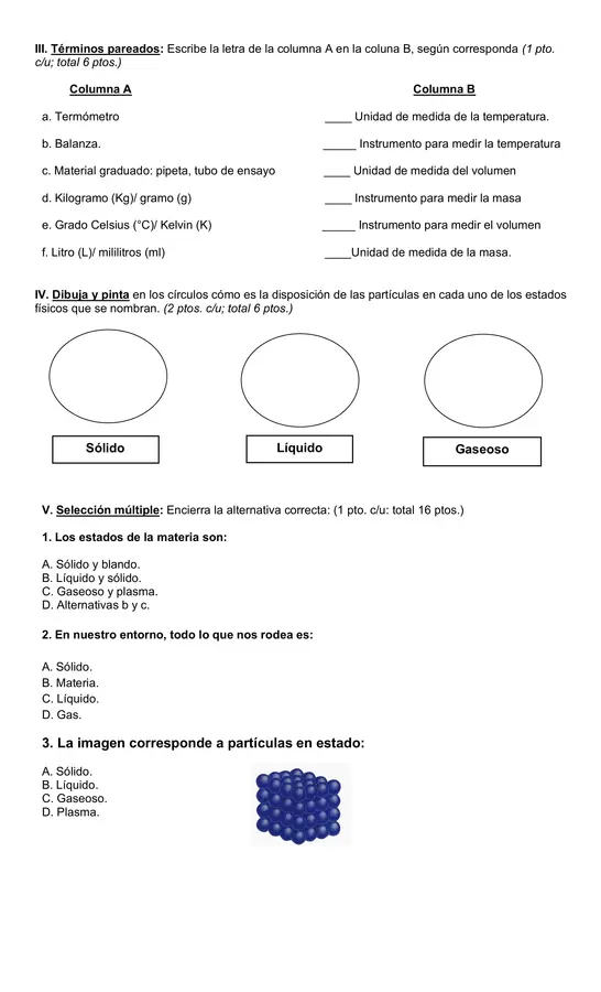 Evaluación ciencias 4°año "La materia y sus estados"