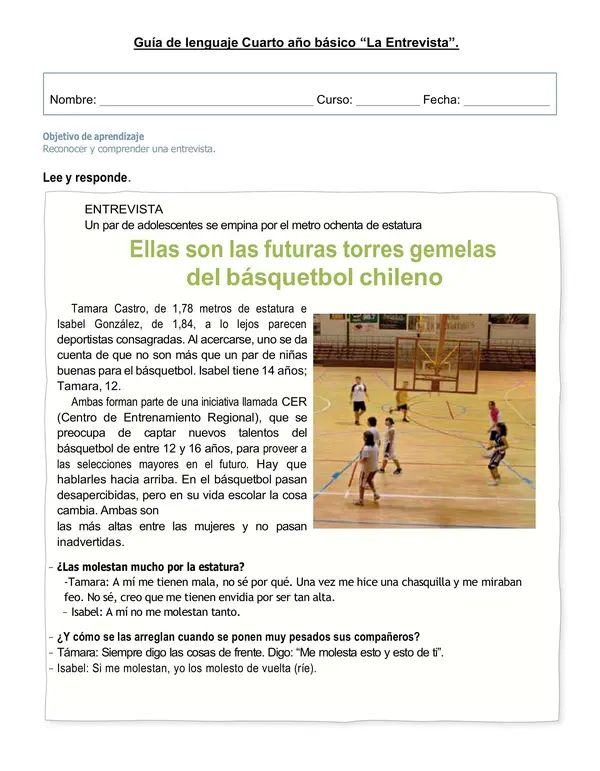 Guía de lenguaje 4°año básico "La entrevista".