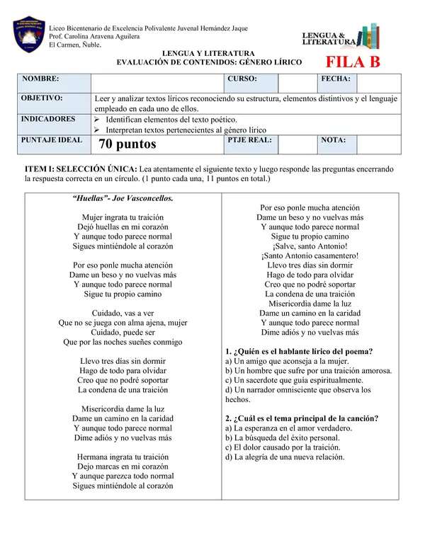 Género lírico: evaluación.