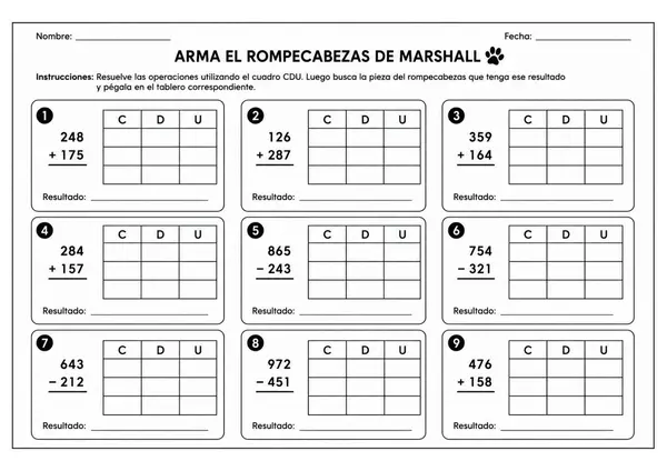 Arma el rompecabezas: Sumas con reserva y restas sin canje