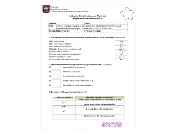 Evaluación Lenguaje algebraico