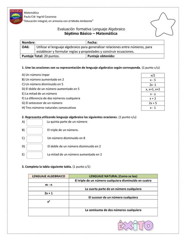 Evaluación Lenguaje algebraico