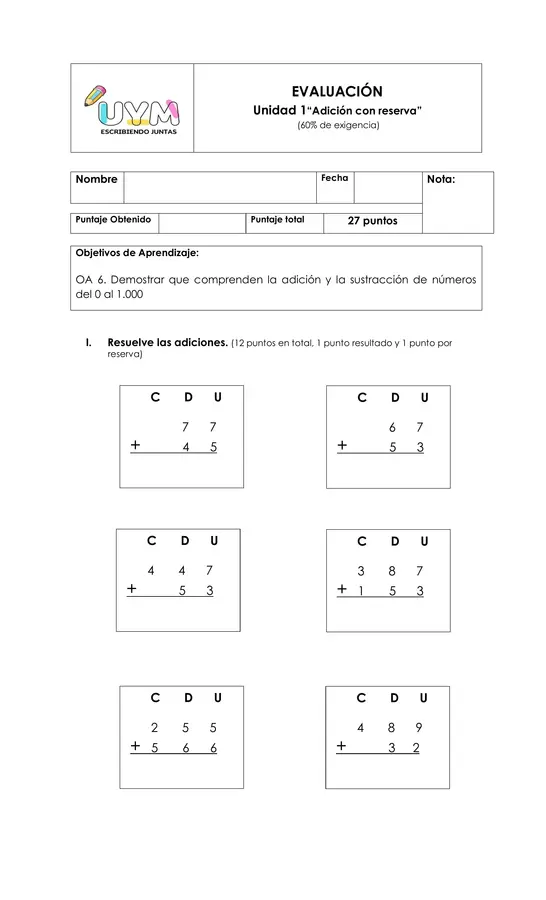 Evaluación matemática “Adición con reserva”