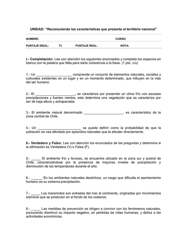 Evaluacion de Historia y Geografia 6 Basico: las caracteristicas del territorio nacional