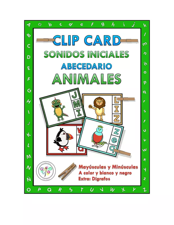 Clip cards Abecedario Animales Sonidos iniciales Alfabeto Letras Color Recortar