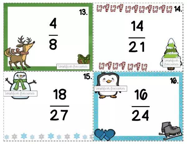 Simplificar fracciones tarjetas problemas formato Navidad