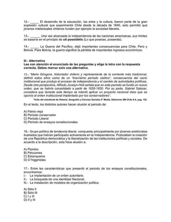 Evaluacion de Historia y Geografia 6 Basico: la independencia de Chile