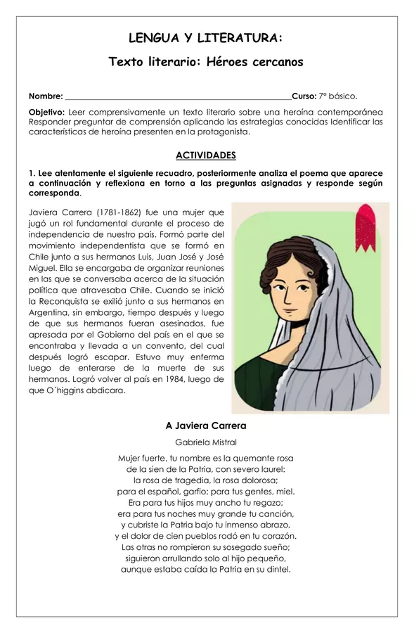 Guía de trabajo - Texto literario Héroes cercanos - 7° básico (Lengua y literatura)