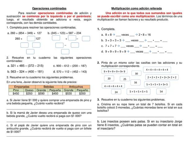 Guía de síntesis "Ejercicios combinados y multiplicación con suma reiterada" Tercer año.