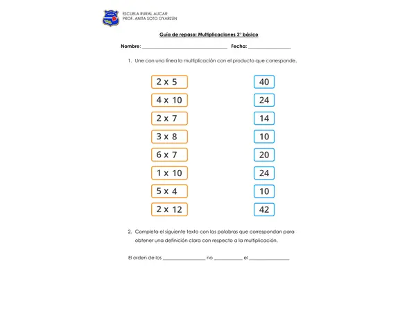 Guía de repaso de multiplicación. 