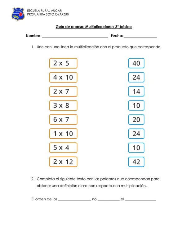 Guía de repaso de multiplicación. 
