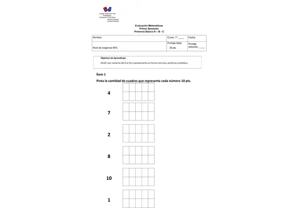 Prueba Matemáticas 1° básico