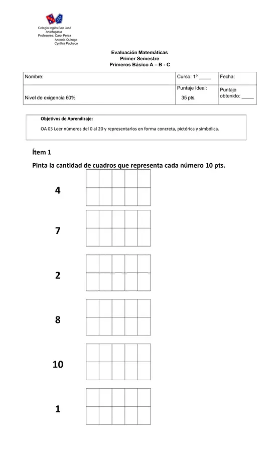 Prueba Matemáticas 1° básico
