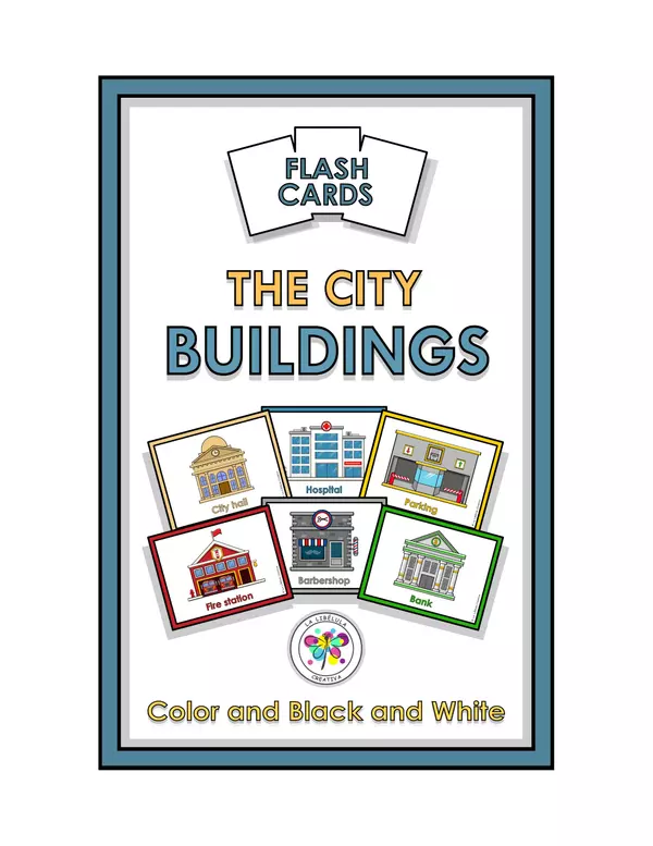 Flash Cards City Buildings Vocabulary English Community Color BW