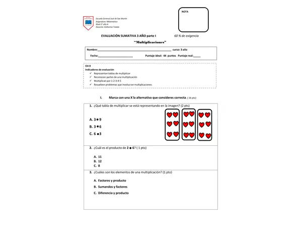 Evaluación multiplicaciones 3 básico