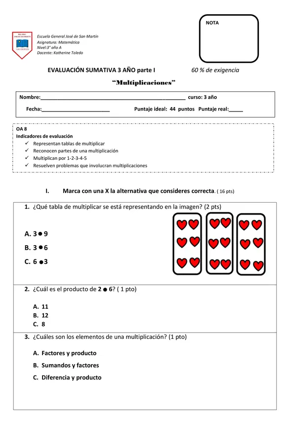 Evaluación multiplicaciones 3 básico