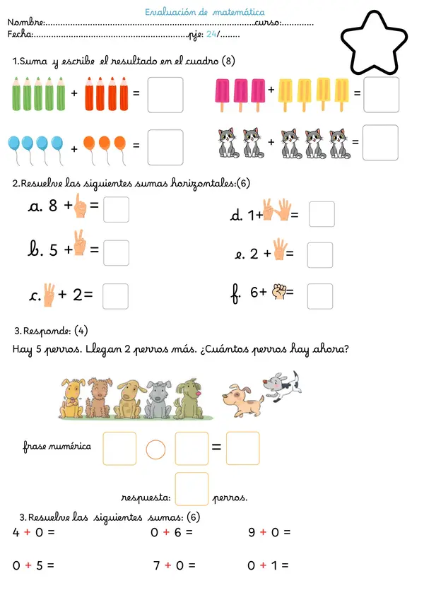 evaluación de  matemática adición hasta 10 