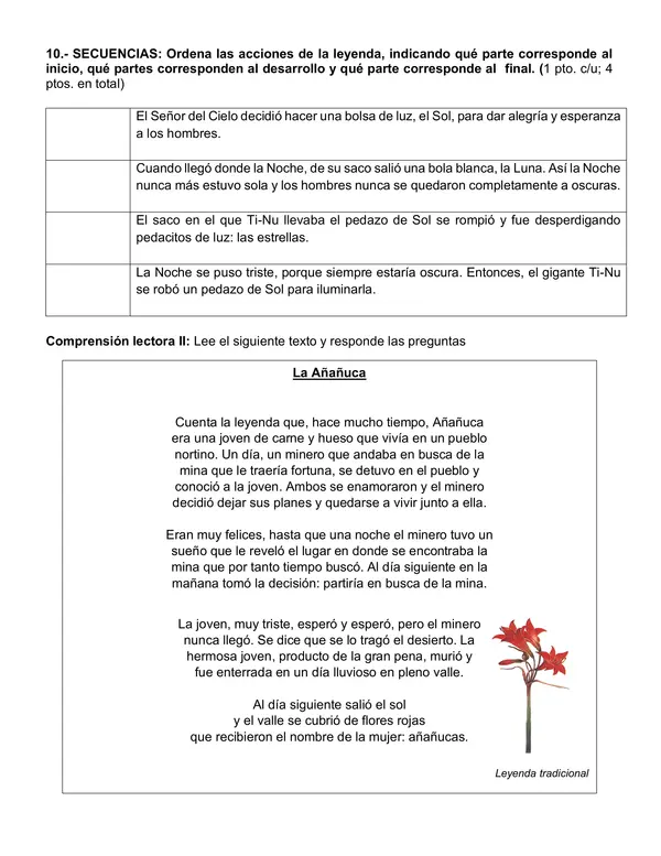 Prueba de comprensión lectora "Leyendas" 4° año básico