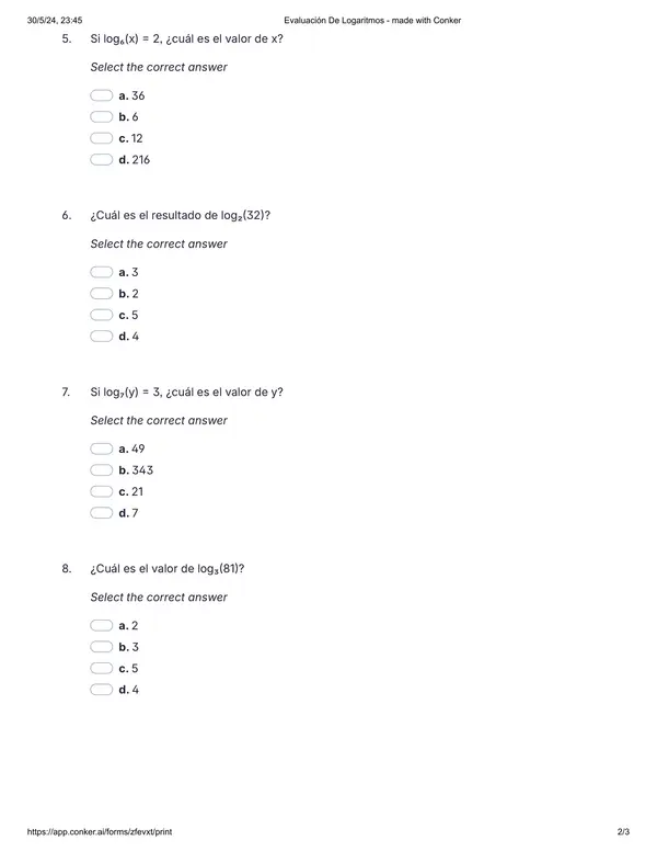 Segunda evaluación de logaritmos (Selección múltiple)