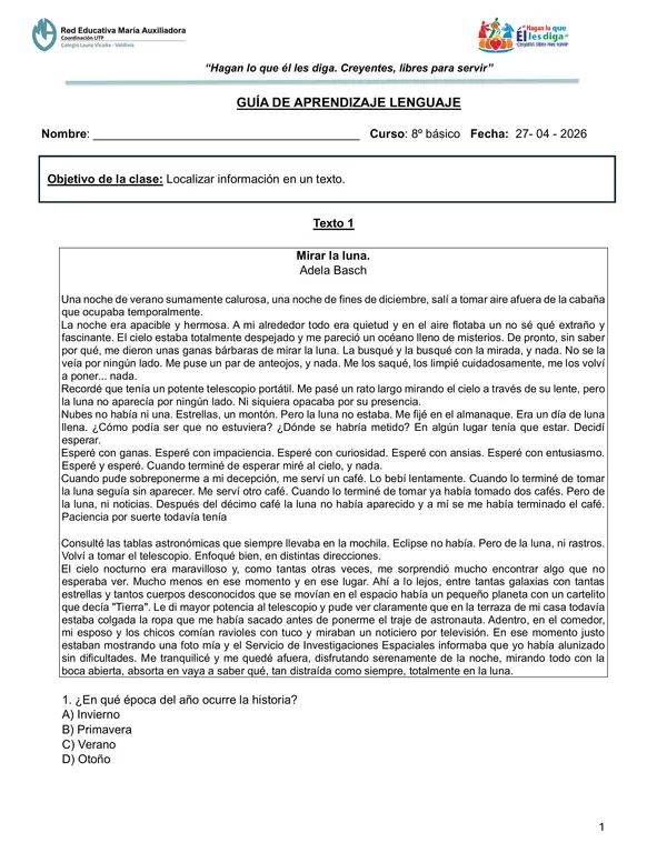 Guía de Comprensión Lectora - Localizar información en un texto