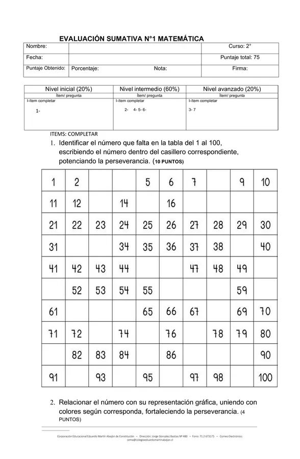 evaluacion matematicas - numeros hasta el 100