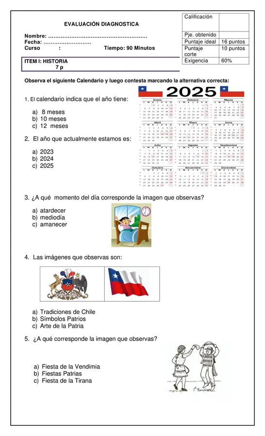 Evaluación diagnóstica Historia Primero Básico  