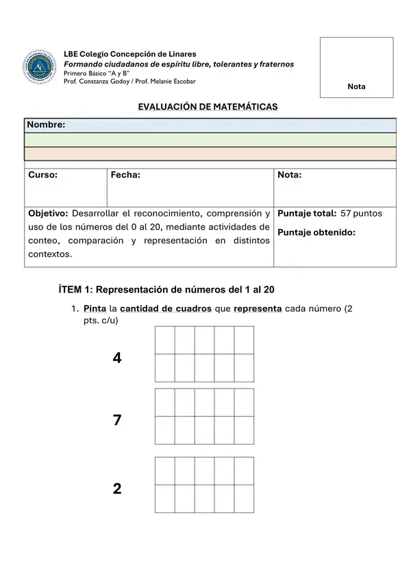 Prueba matemática 1° básico 