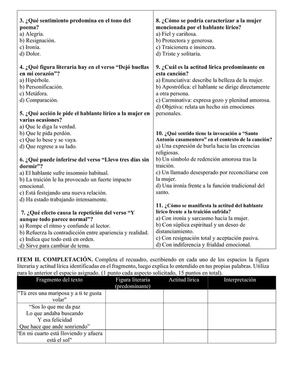Género lírico: evaluación.
